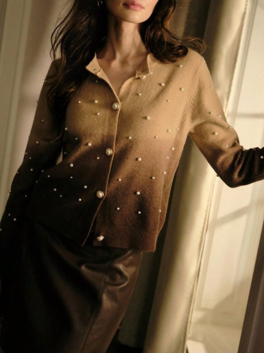 Tan / Brown Ombre Pearl Trim Knit Button Front Cardigan